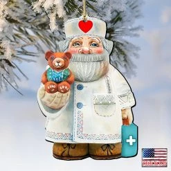 Brand new 🥰 Designocracy Teddy Bear Doctor Wooden Ornaments Set of 2 🎄 Christmas Santa Snowman Decor ✔️